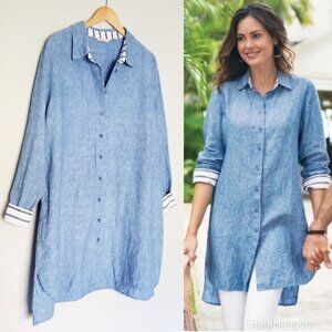 Soft Surroundings 100% Linen Lagenlook Chambray Blue Button Up Tunic Shirt 1X